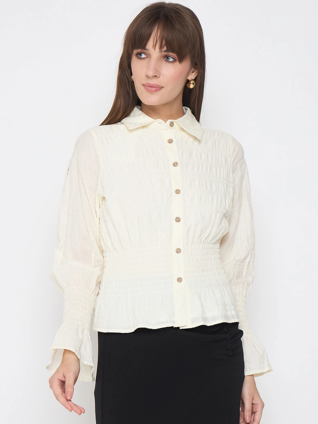 Madame Smocked Waist Off White Peplum Shirt Stylish Detail