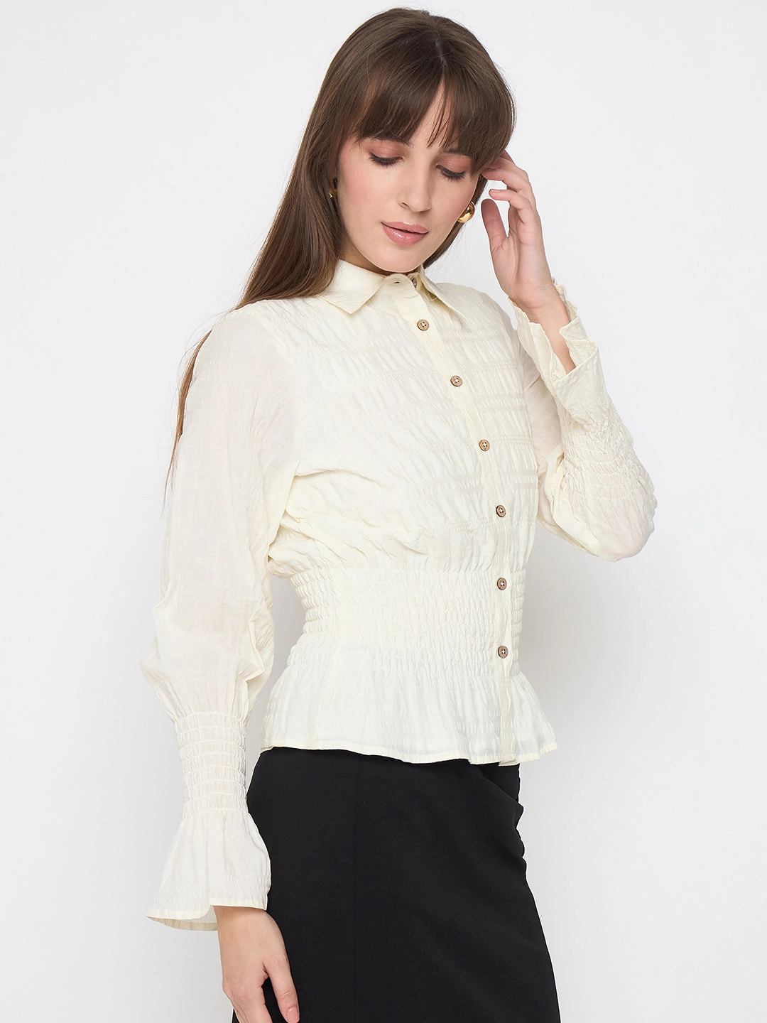 Madame Smocked Waist Off White Peplum Shirt Conference Appropriate