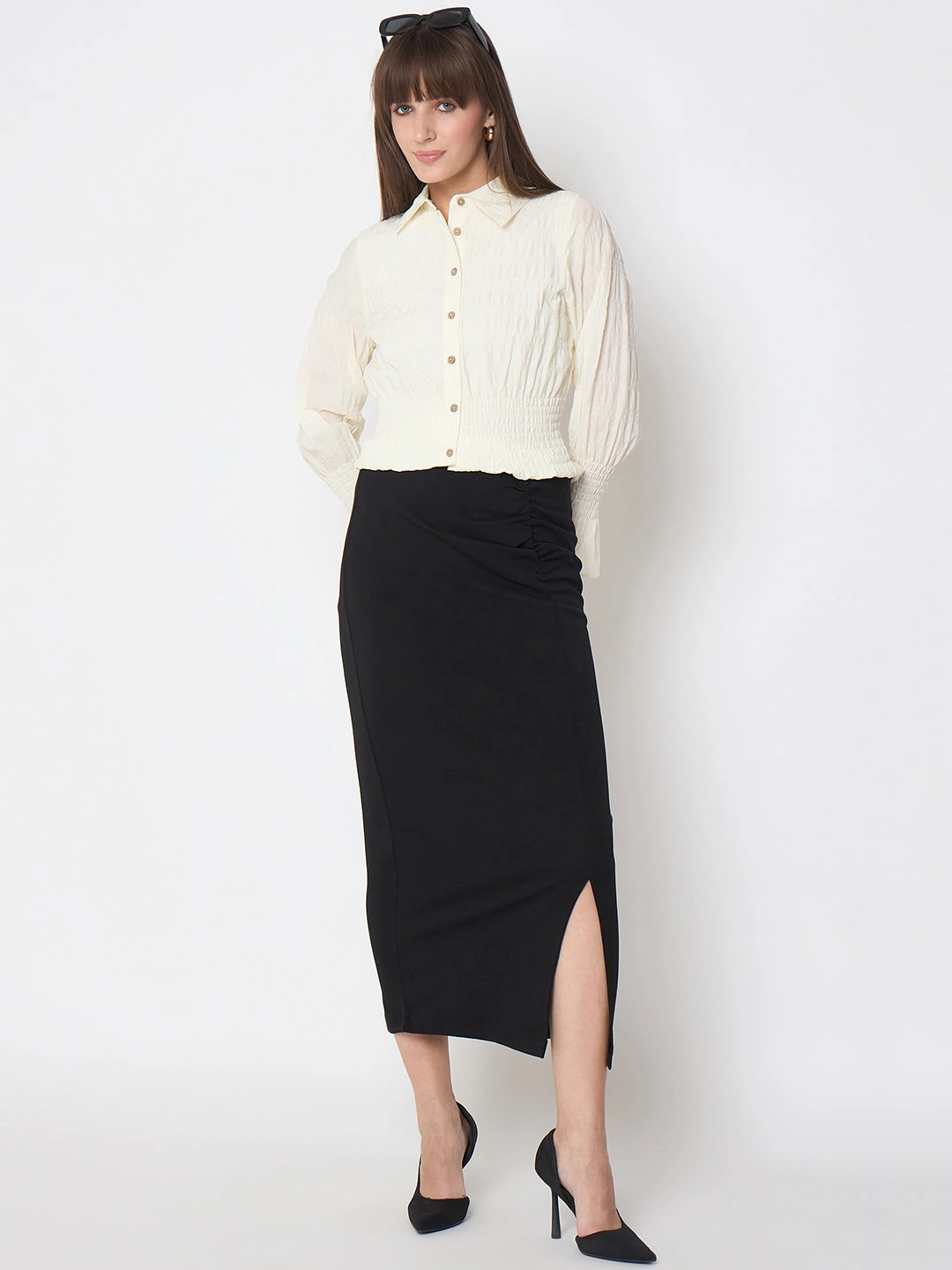 Madame Smocked Waist Off White Peplum Shirt Cozy Wear