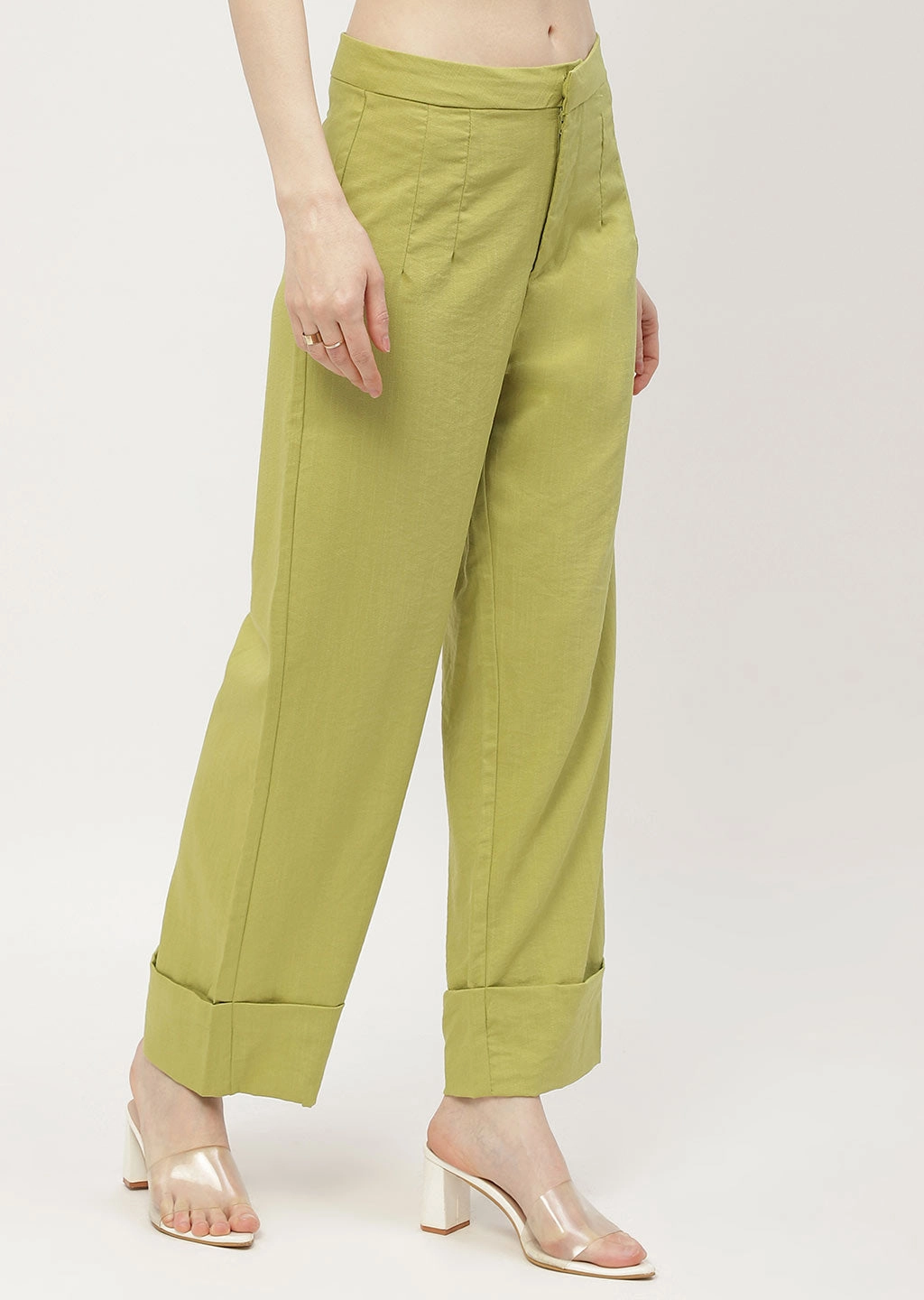 Madame Solid Apple Green Folded Hem Trouser Athletic Fit
