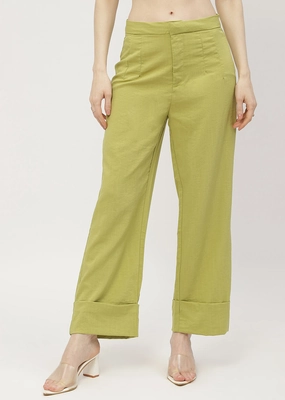 Madame Solid Apple Green Folded Hem Trouser Breathable Comfort Design Smart Look