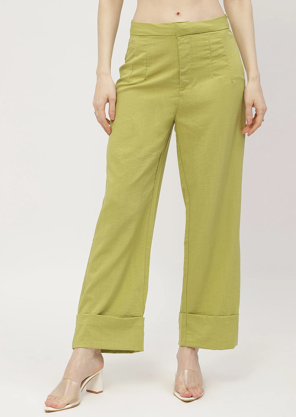 Madame Solid Apple Green Folded Hem Trouser Breathable Comfort Design Smart Look