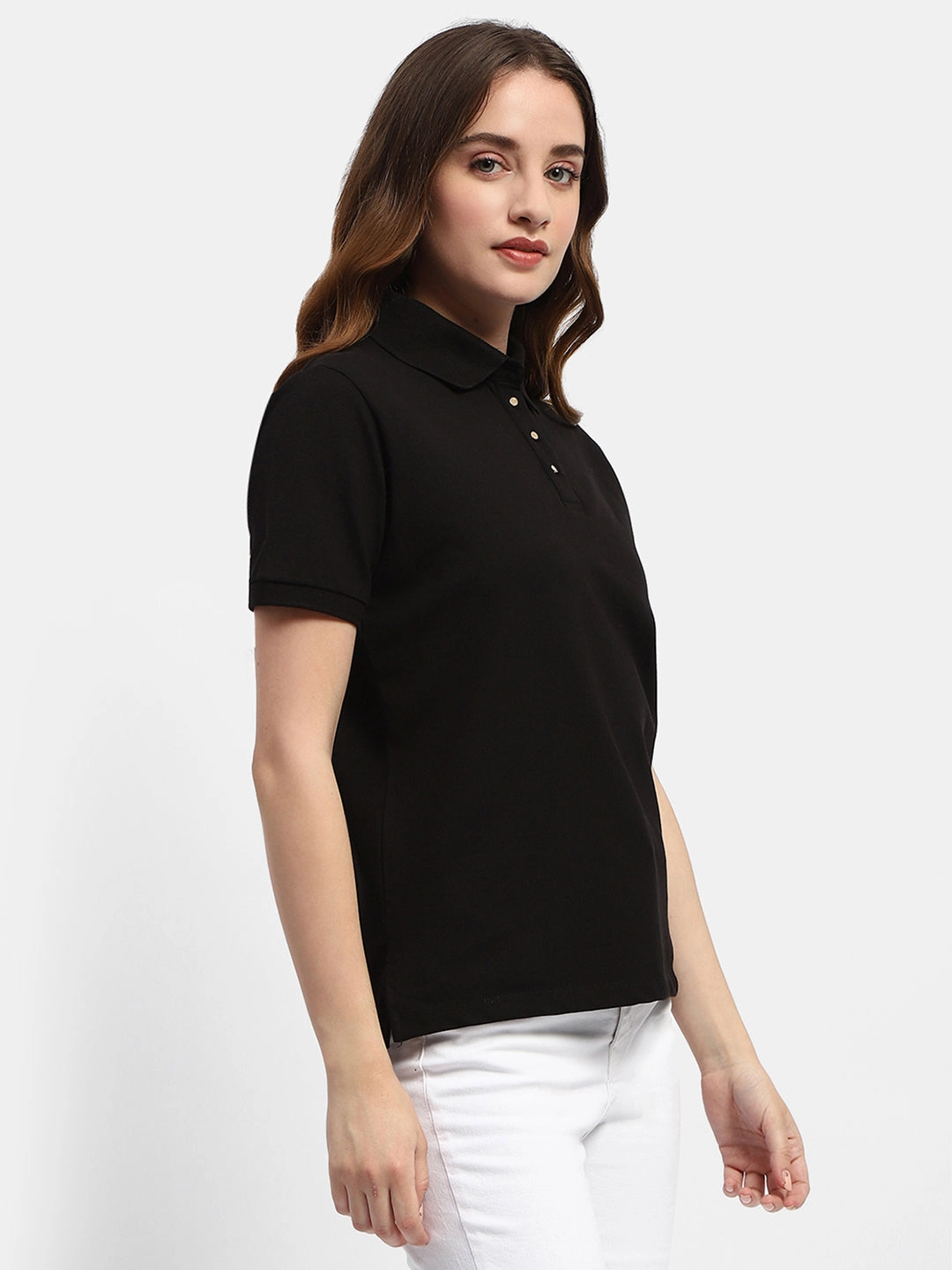 Madame Solid Black Polo Neck T-Shirt Casual Mode Outdoor Activity