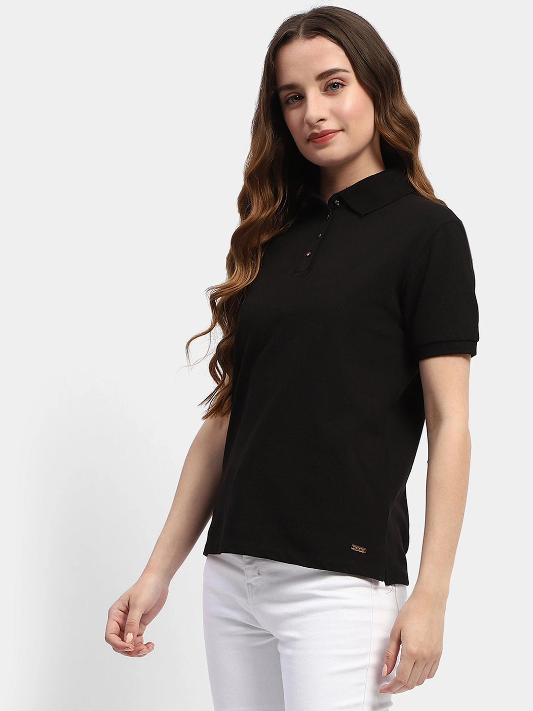 Madame Solid Black Polo Neck T-Shirt TaglessCollar