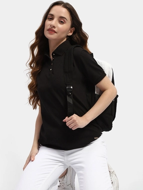 Madame Solid Black Polo Neck T-Shirt easy to pair Weekend Comfort