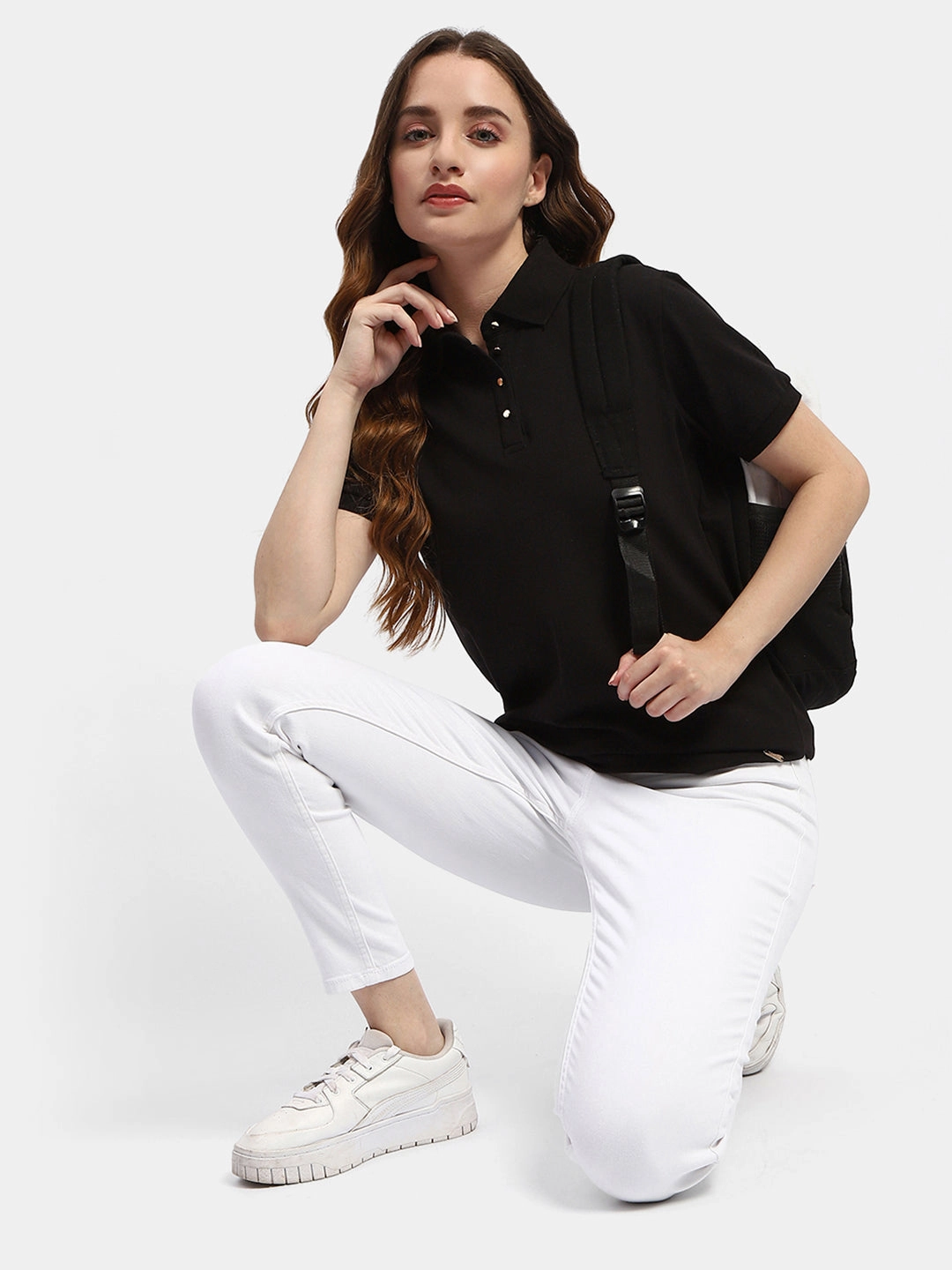 Outdoor Leisure Look Quick Comfort Fit Madame Solid Black Polo Neck T-Shirt