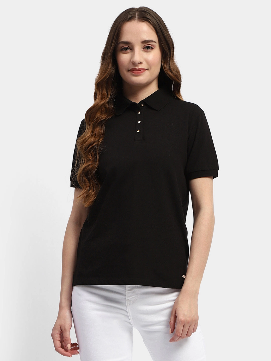 Comfy Wardrobe Lightweight Comfort Wear Madame Solid Black Polo Neck T-Shirt