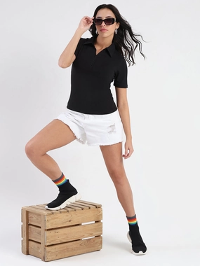 informal gathering Madame Solid Black Polo Pique T-shirt
