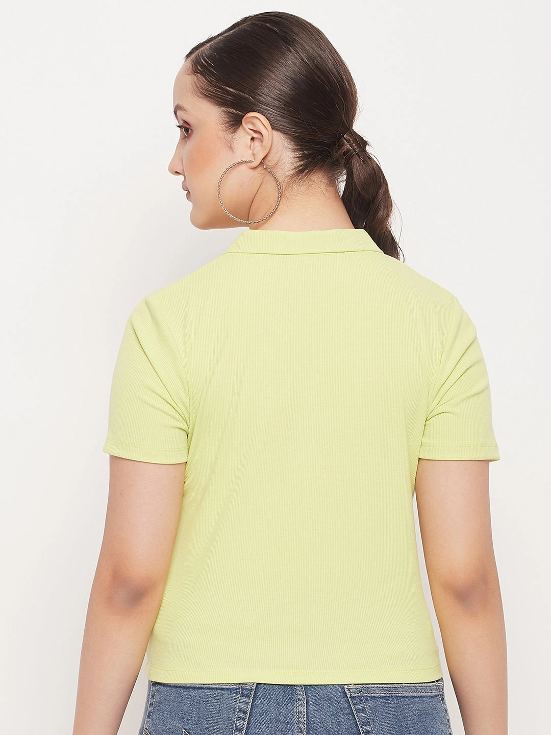 Madame Solid Green Cotton Collared Tshirt Stylish and Comfortable Classic Cut
