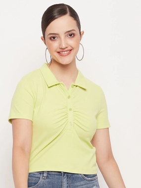 Madame Solid Green Cotton Collared Tshirt Minimalist Wear