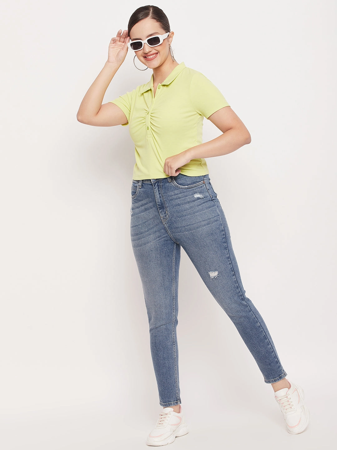 Fun and Playful Smart Fit Madame Solid Green Cotton Collared Tshirt