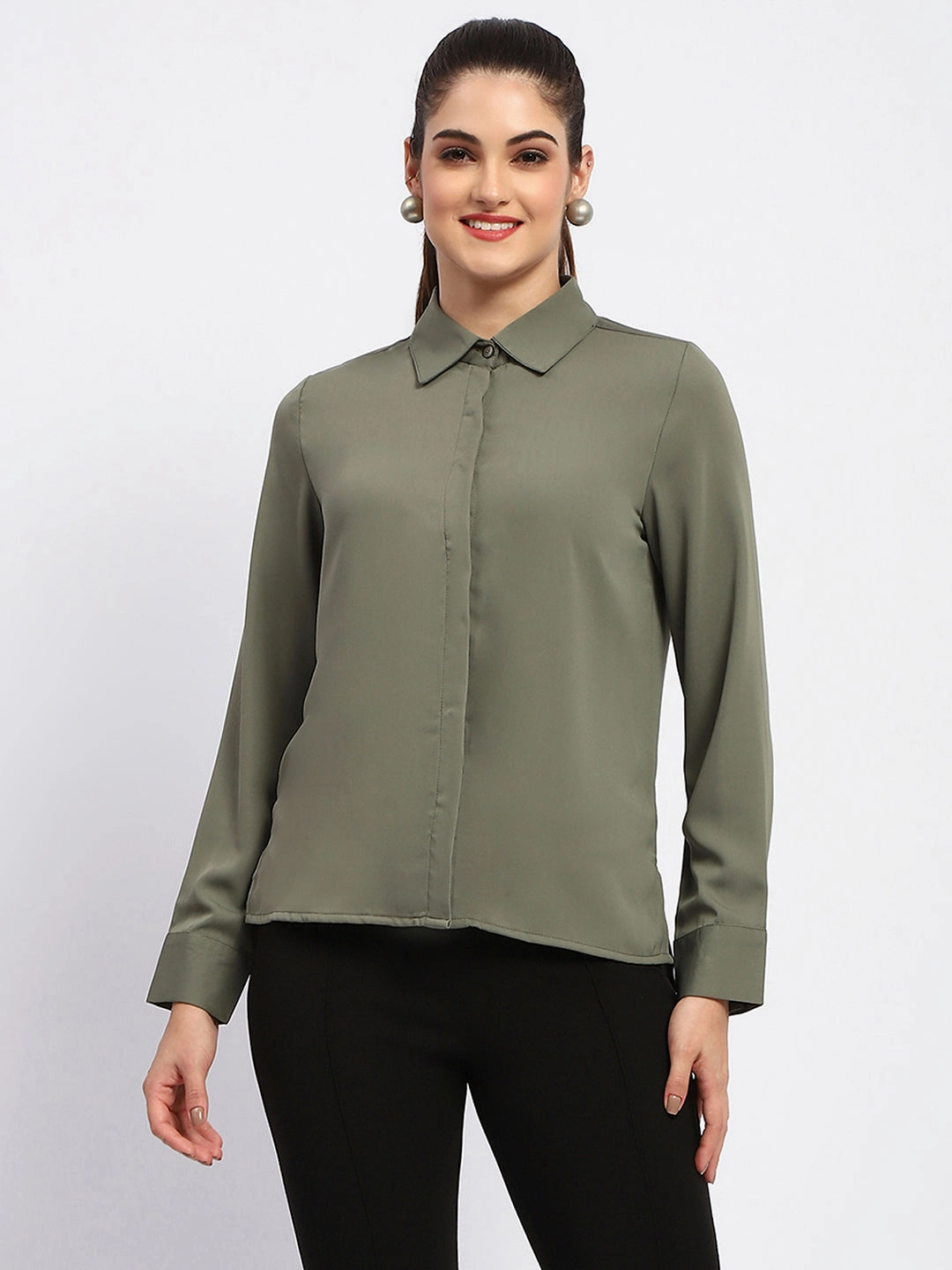 Madame Solid Green Cuff Sleeve Shirt Sophisticated Look Reinforced Buttonholes
