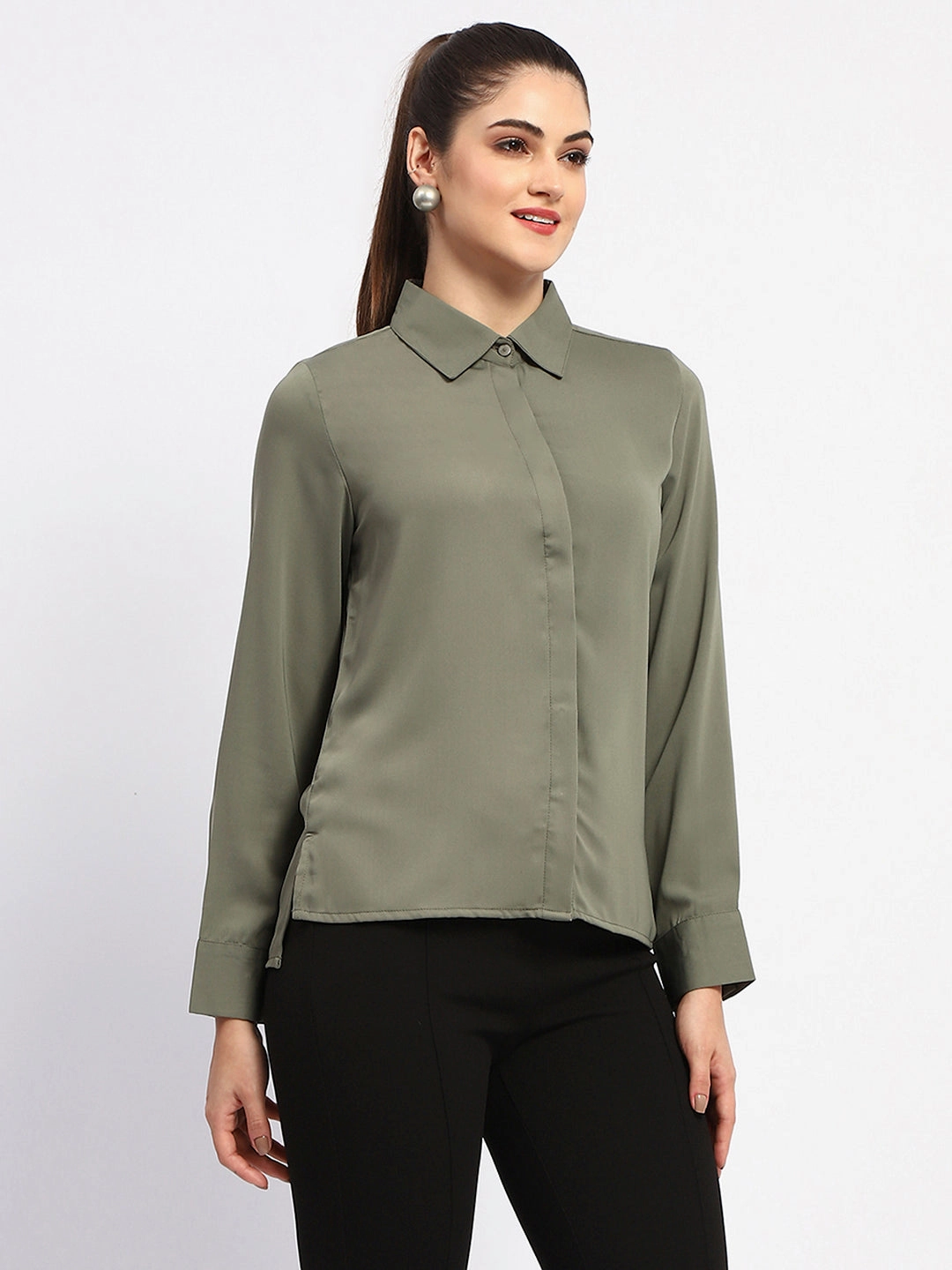 Madame Solid Green Cuff Sleeve Shirt Weekend Casual Timeless Style
