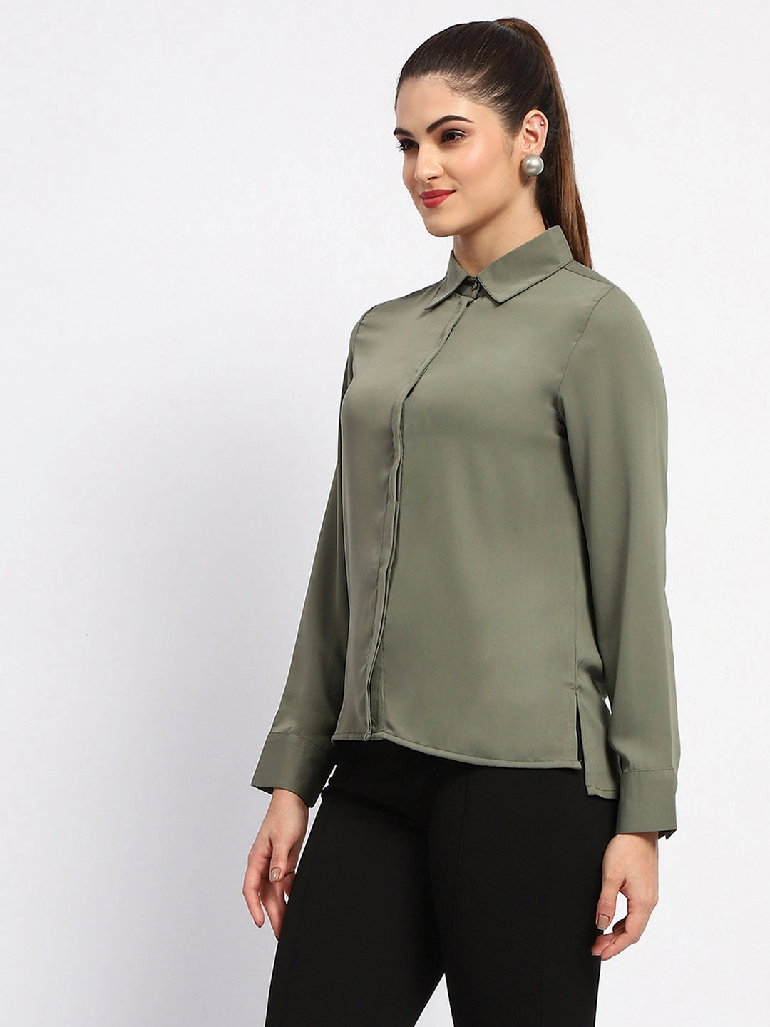 Round Collar Camouflage Print Madame Solid Green Cuff Sleeve Shirt