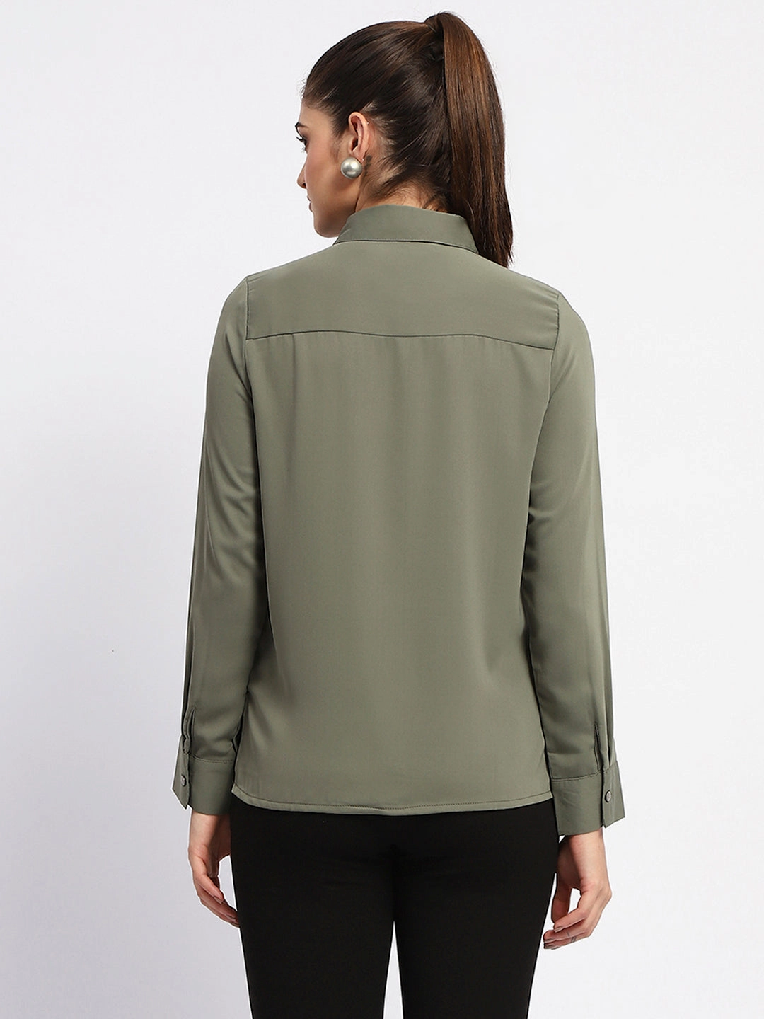 Sophisticated Style wrinkle free Madame Solid Green Cuff Sleeve Shirt
