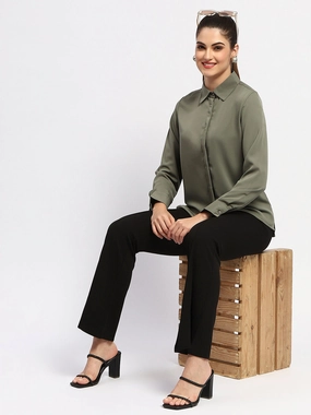 Comfy Wear Madame Solid Green Cuff Sleeve Shirt
