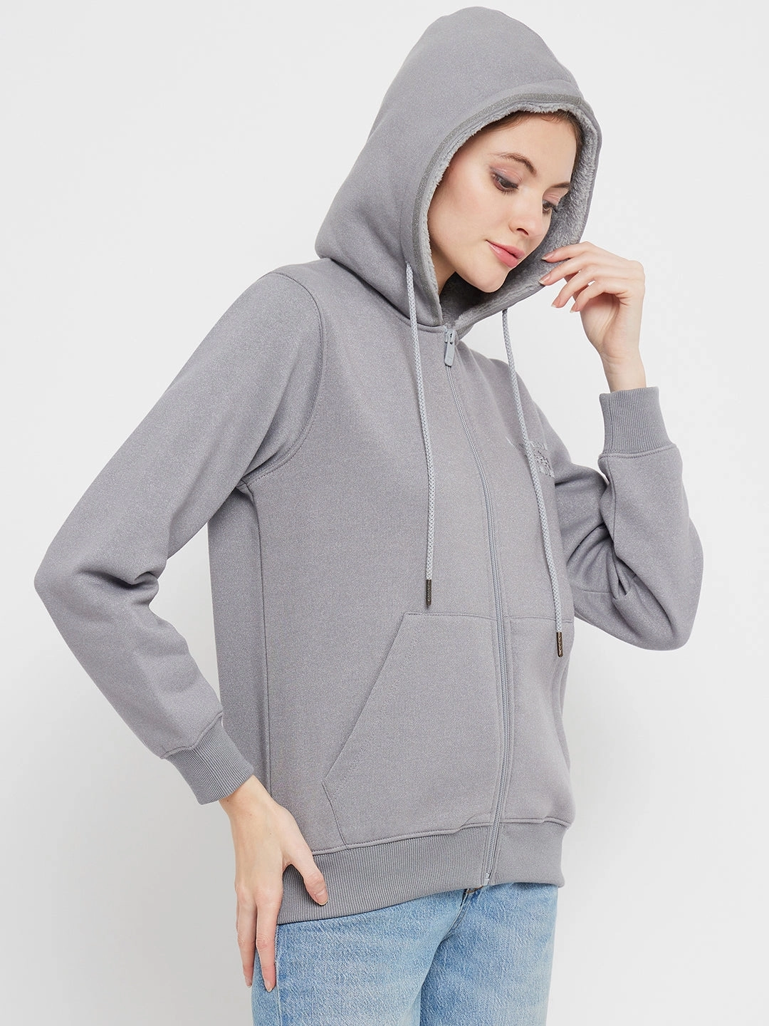 Madame Solid Grey Hooded Sweatshirt Hoodie Style