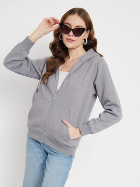 Madame Solid Grey Hooded Sweatshirt Outdoor Fit Durable Fabric