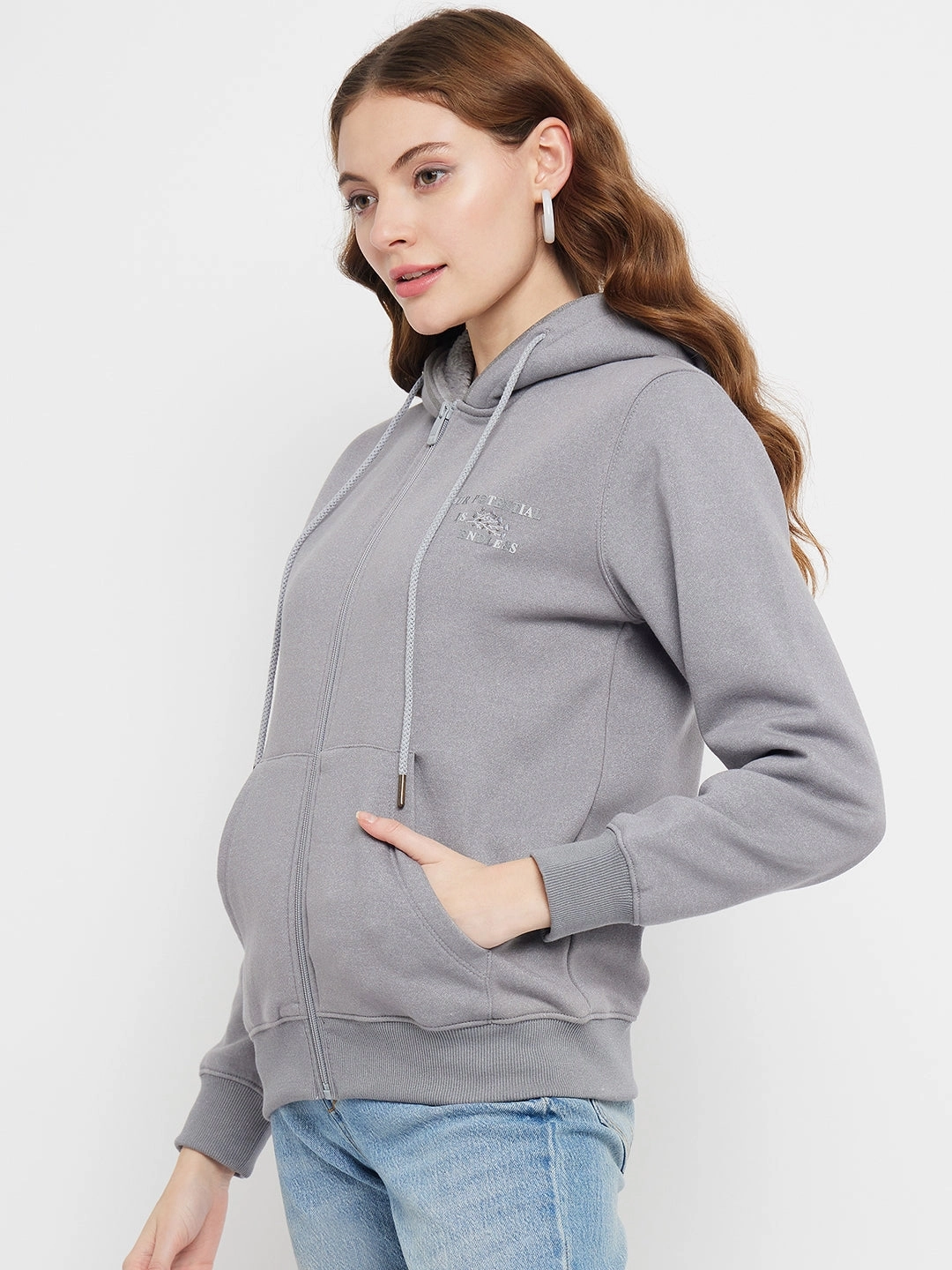 Madame Solid Grey Hooded Sweatshirt product matte sophistication Kangaroo Pocket