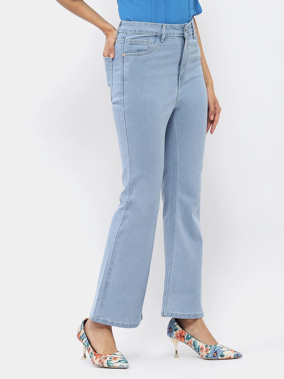Wardrobe Fit Madame Solid Light Blue Flared Denim Jeans