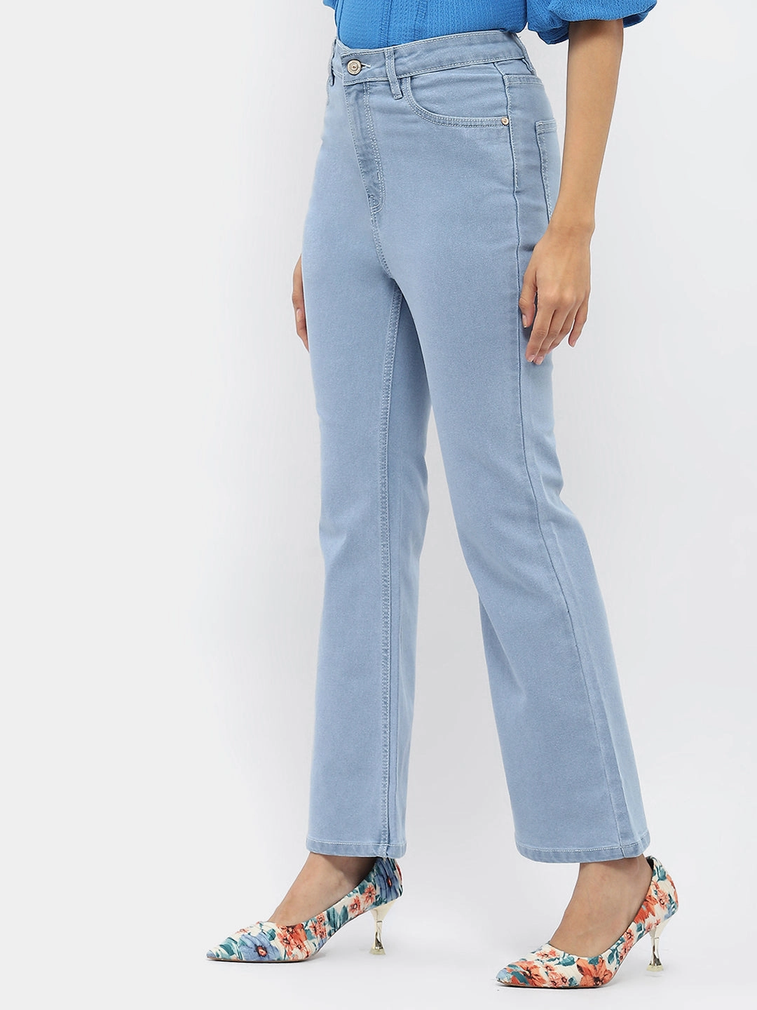 Madame Solid Light Blue Flared Denim Jeans Easy Wearing