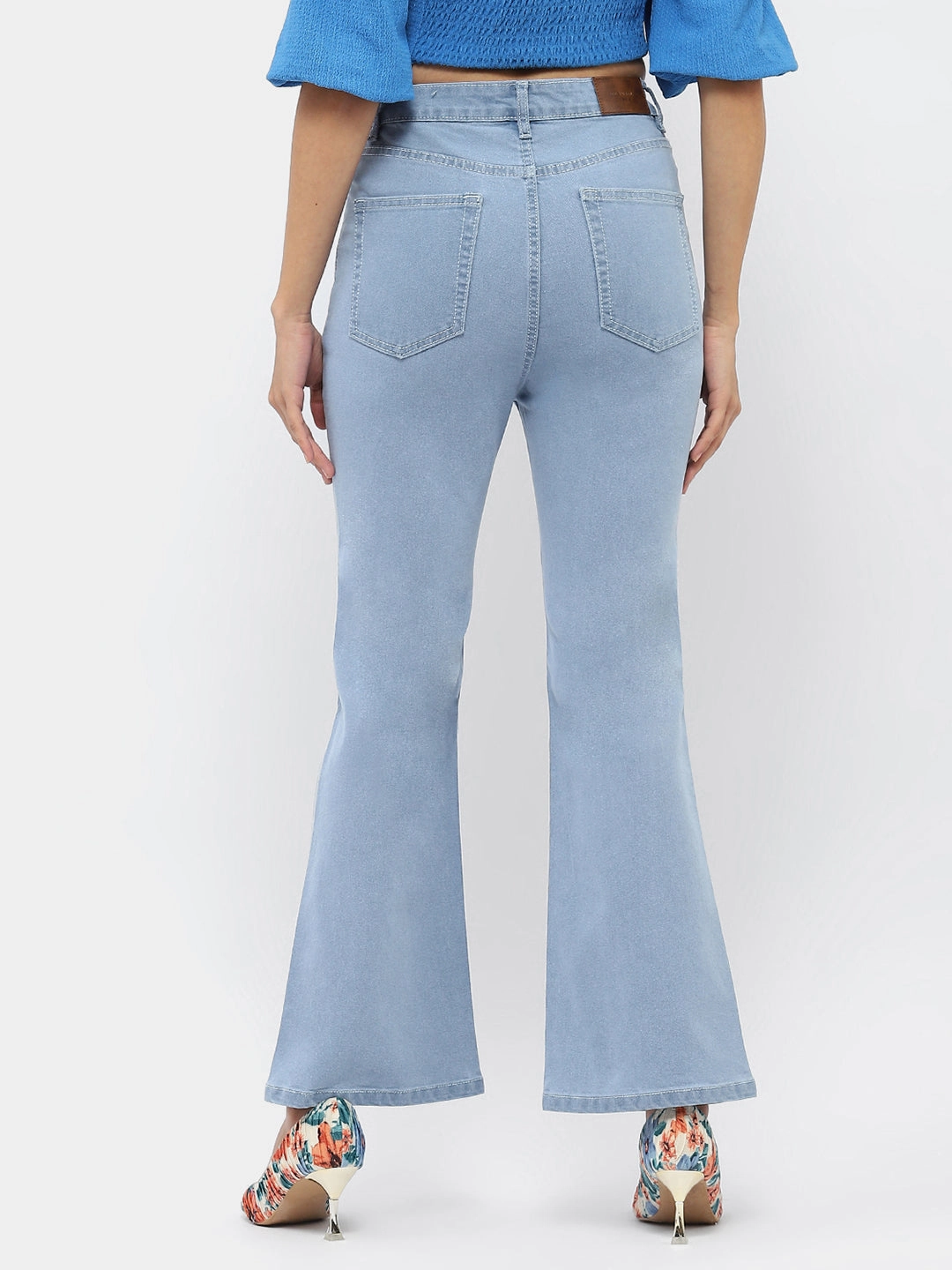 Madame Solid Light Blue Flared Denim Jeans Layered Knee Panels All Season