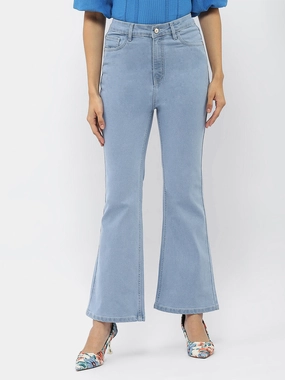Standard Piece Spring Mood Brunch Outfit Formal Madame Solid Light Blue Flared Denim Jeans