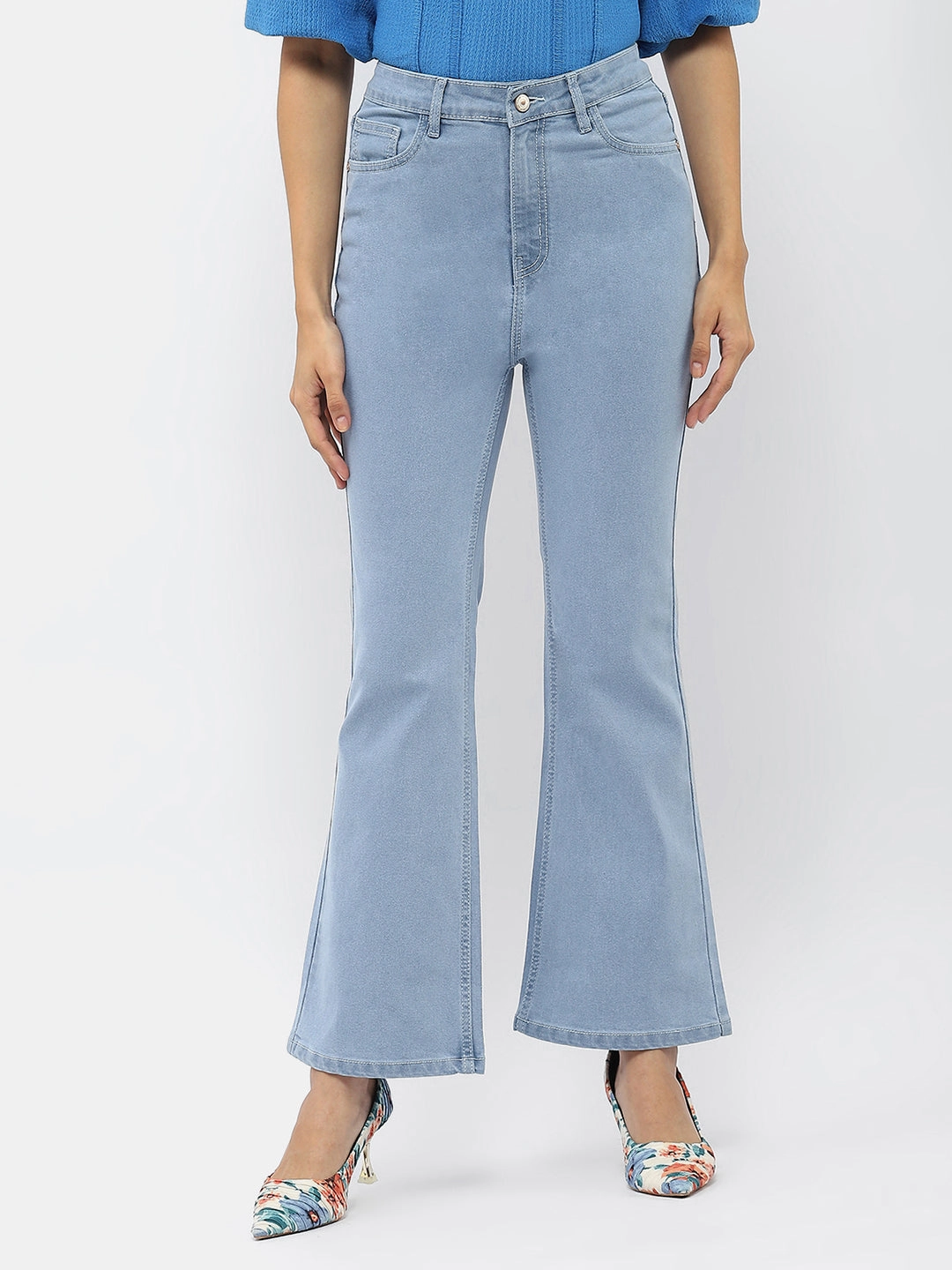 Standard Piece Spring Mood Brunch Outfit Formal Madame Solid Light Blue Flared Denim Jeans