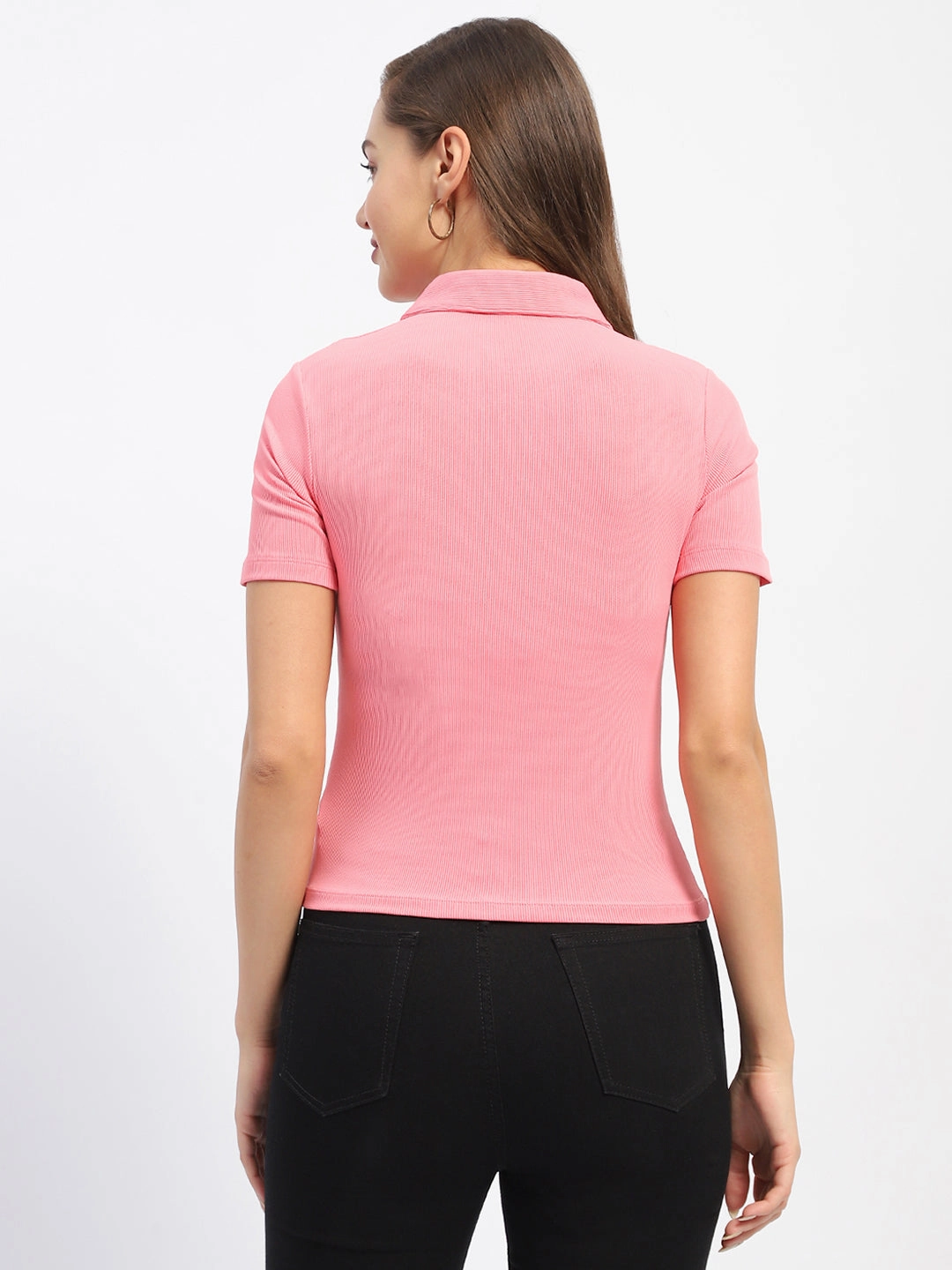 Recycled Polyester Madame Solid Pink Polo Neck T-Shirt