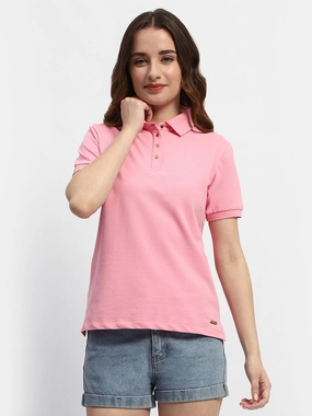 Madame Solid Pink Polo Neck T-Shirt Casual Layer Wear
