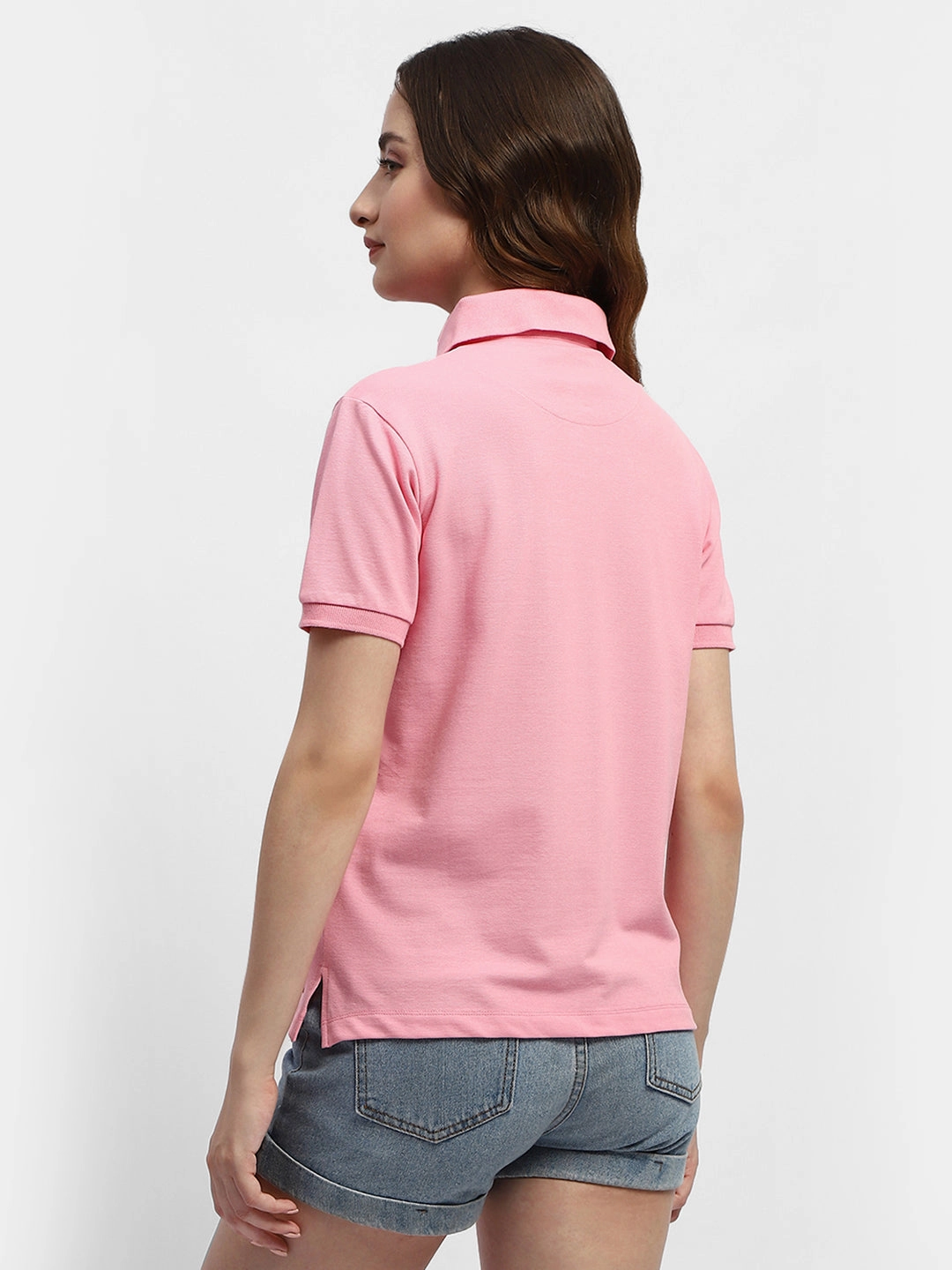 hypoallergenic material Madame Solid Pink Polo Neck T-Shirt
