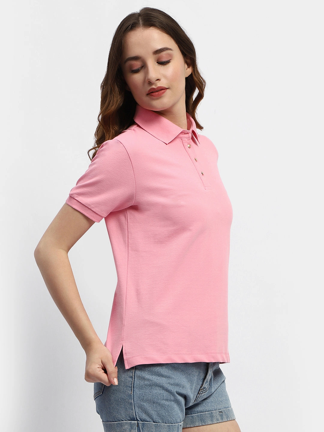 Non Iron Finish Sublimation Resistant Fabric Madame Solid Pink Polo Neck T-Shirt