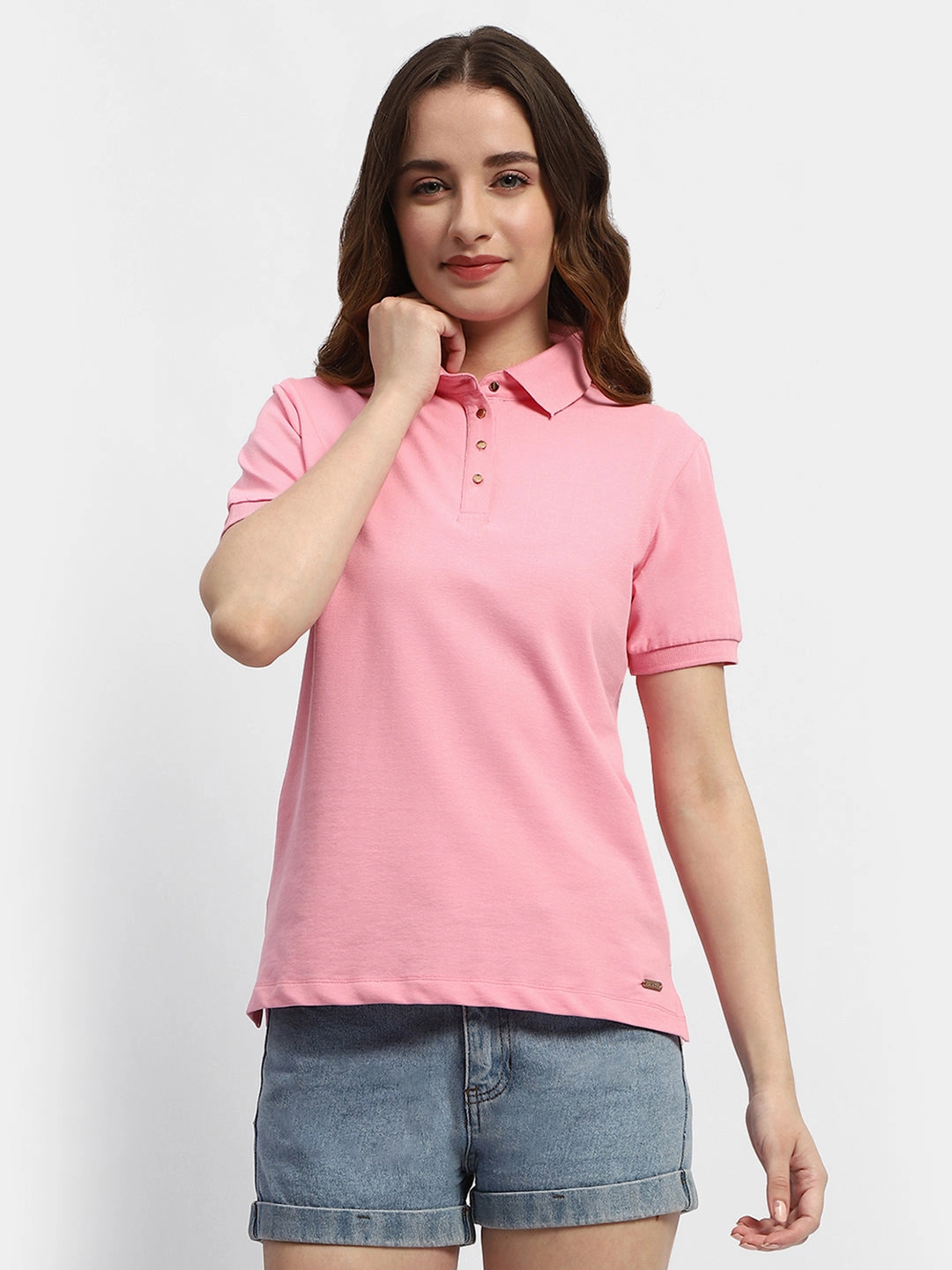 Madame Solid Pink Polo Neck T-Shirt Casual Layer Wear