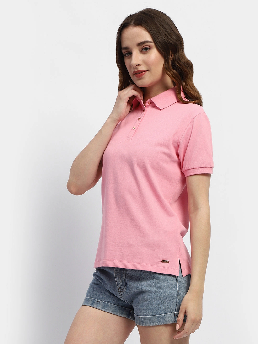 Madame Solid Pink Polo Neck T-Shirt Light and Fresh