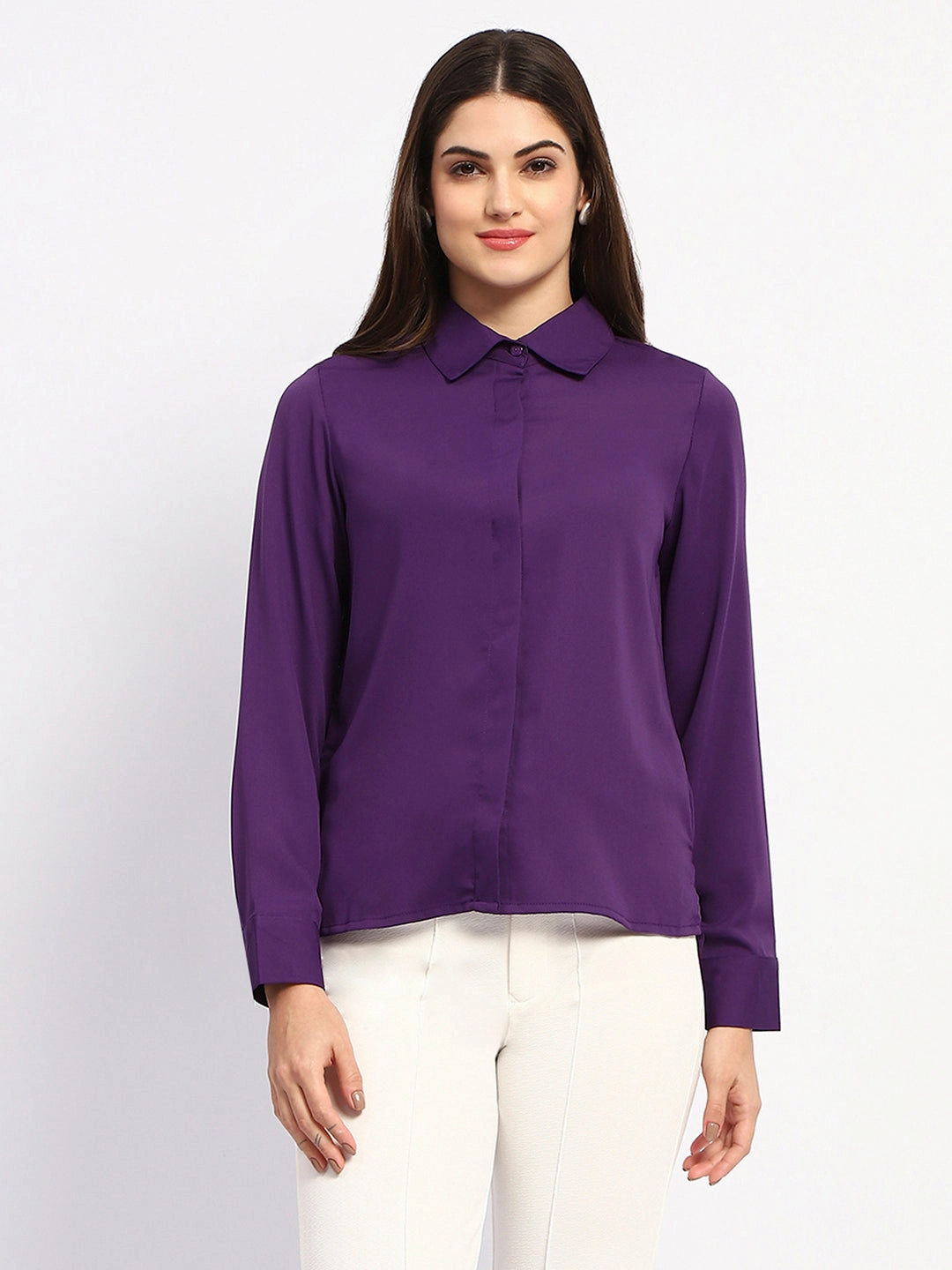 Low Maintenance Functional Design Madame Solid Purple Cuff Sleeve Shirt
