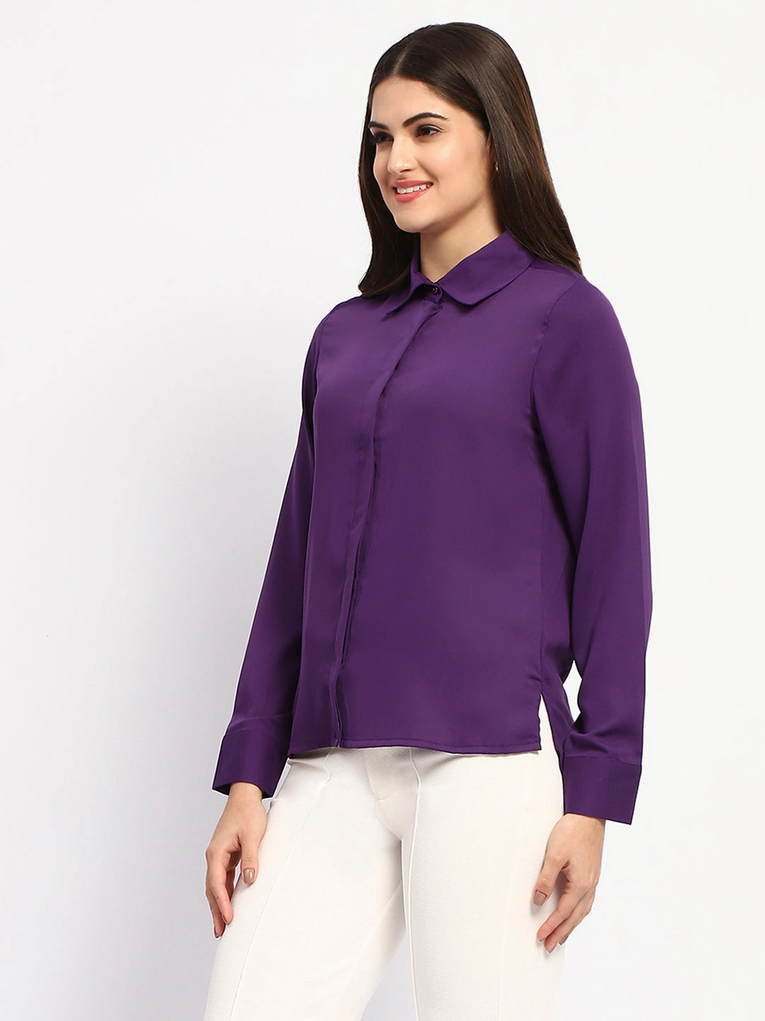 Madame Solid Purple Cuff Sleeve Shirt Printed design