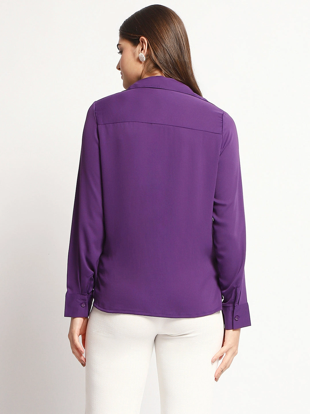 Madame Solid Purple Cuff Sleeve Shirt Holiday Outfit