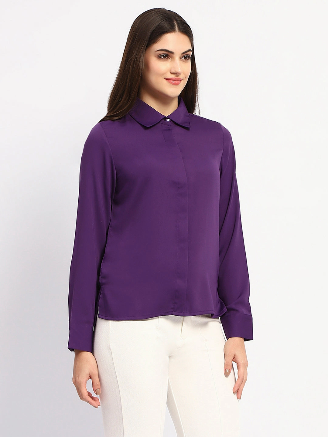 Cozy Fit All-Season Wear Madame Solid Purple Cuff Sleeve Shirt