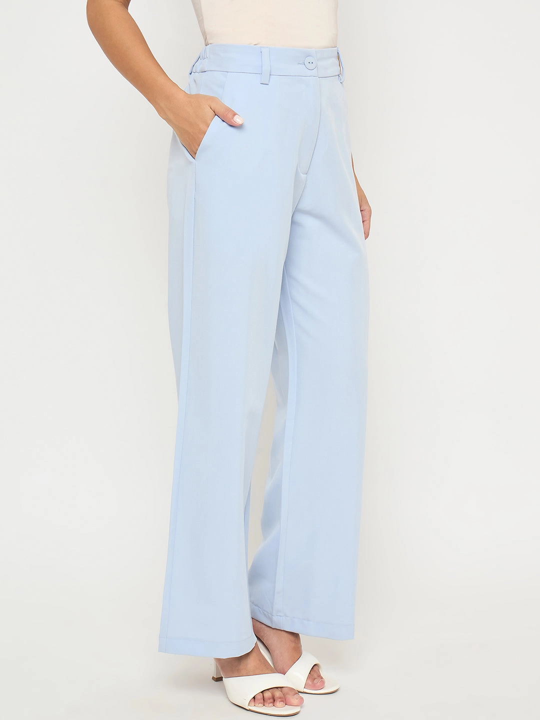 Madame Solid Sky Blue Straight Fit Trousers Casual Comfort Look Ripstop Reinforcement