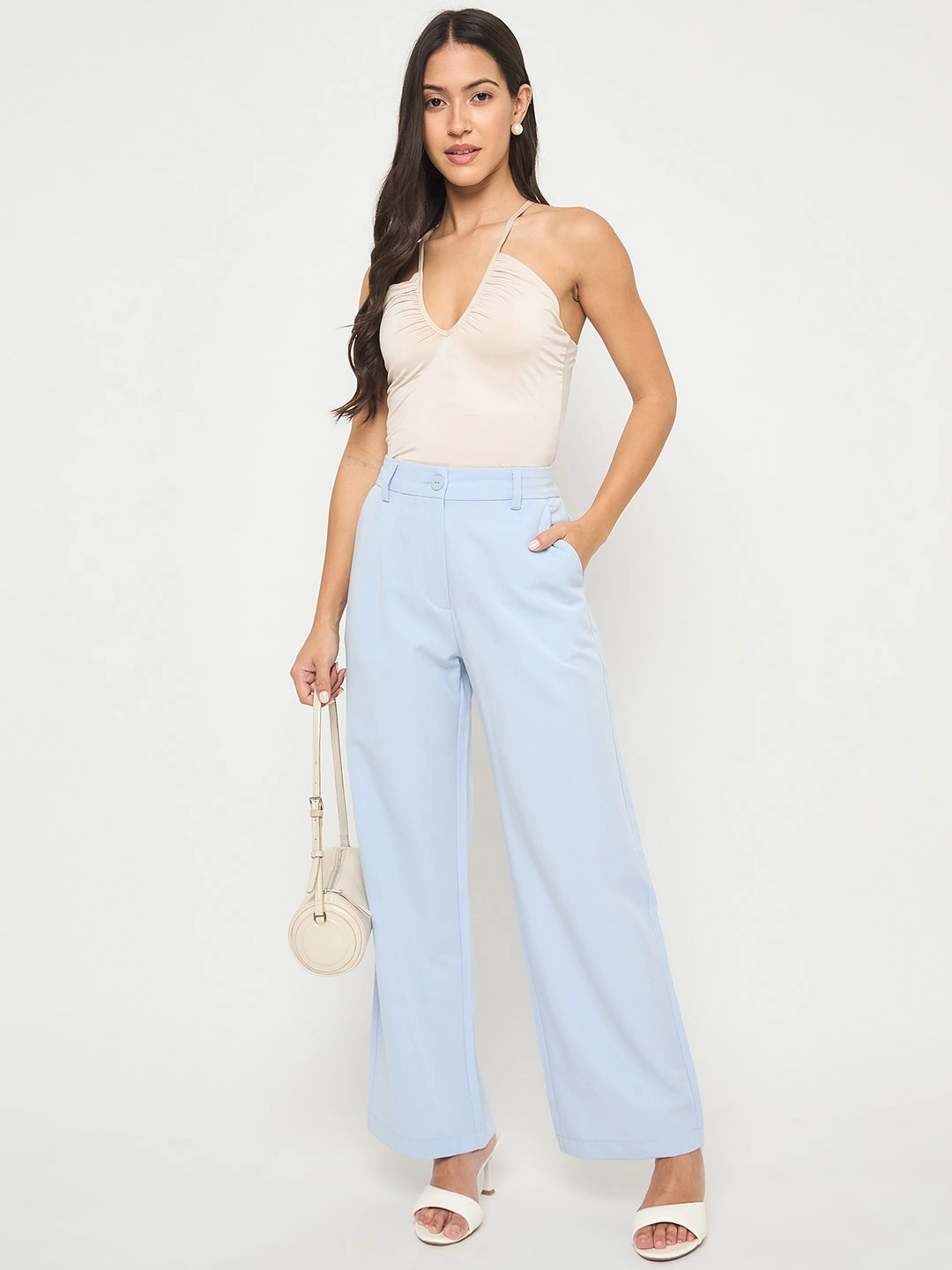 RecycledPolyester Comfort-First Madame Solid Sky Blue Straight Fit Trousers