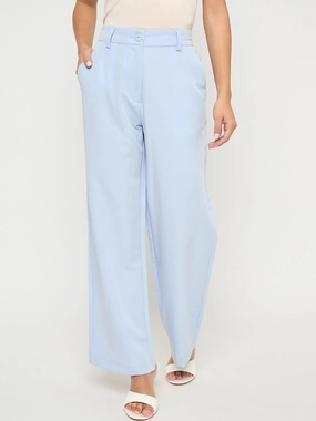 Denim finish Madame Solid Sky Blue Straight Fit Trousers