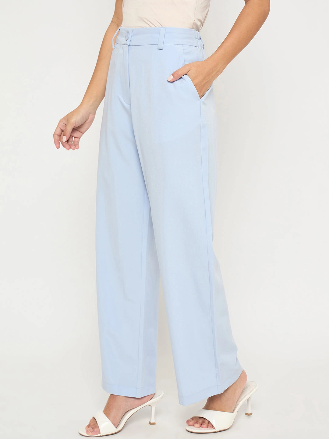 Madame Solid Sky Blue Straight Fit Trousers All Season Versatility