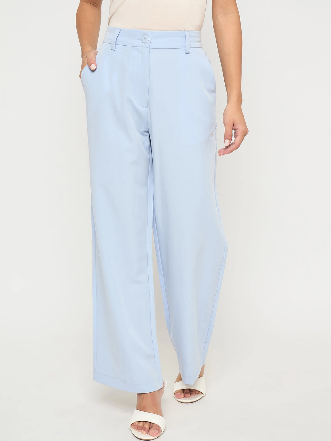 Denim finish Madame Solid Sky Blue Straight Fit Trousers