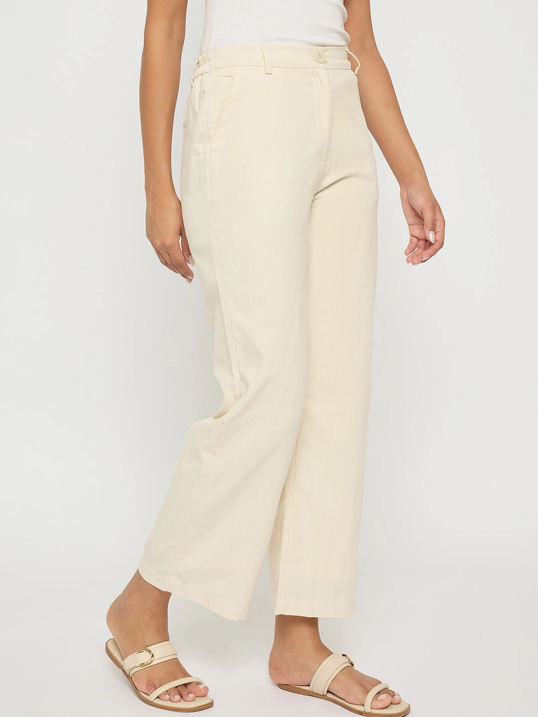 Madame Solid Wide Leg Off White Rayon Blend Trousers All-day Flex