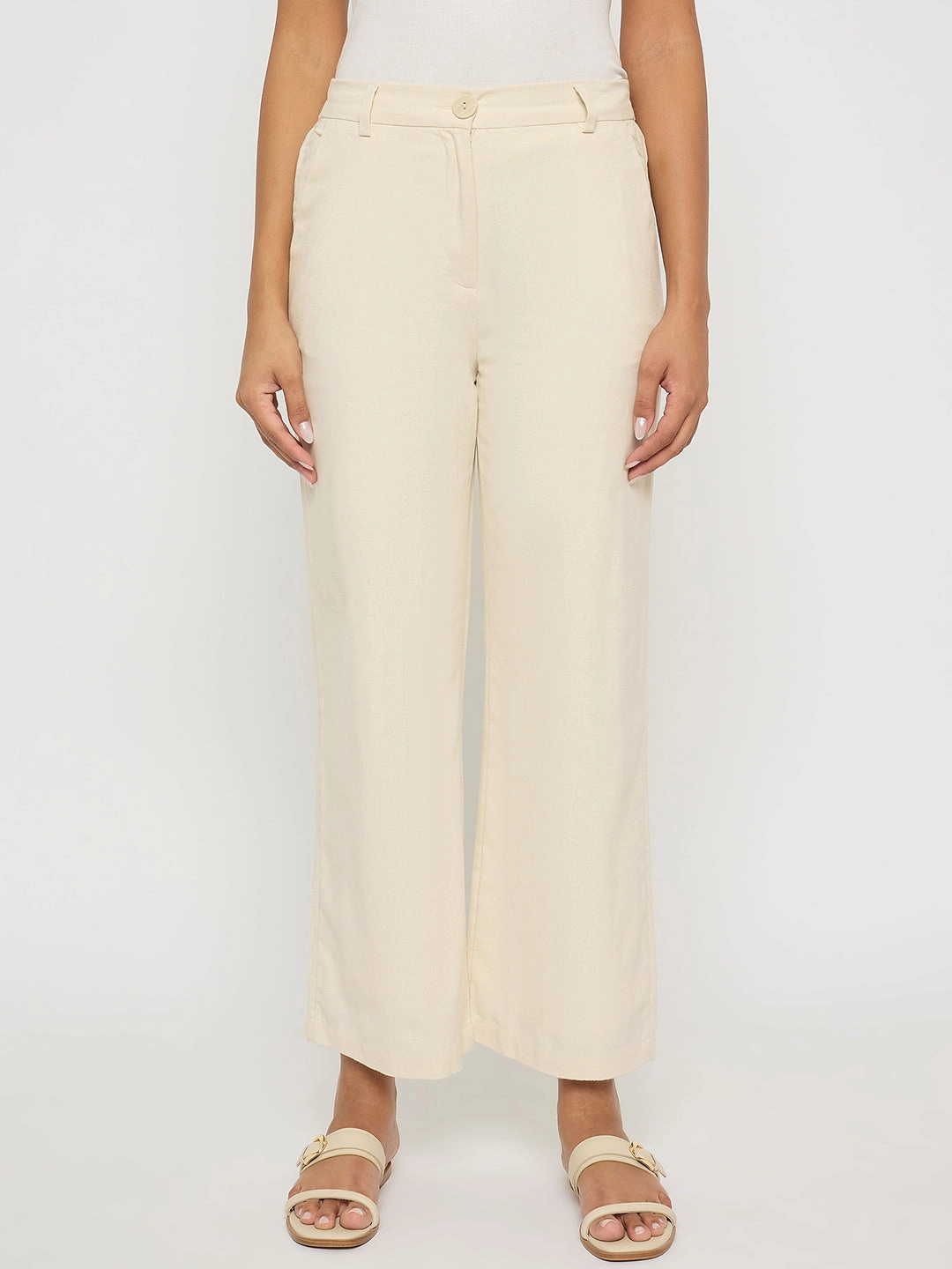 Madame Solid Wide Leg Off White Rayon Blend Trousers Anti Chafe Lining