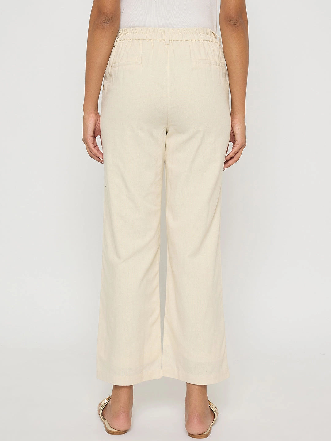 Madame Solid Wide Leg Off White Rayon Blend Trousers HighRiseWaist