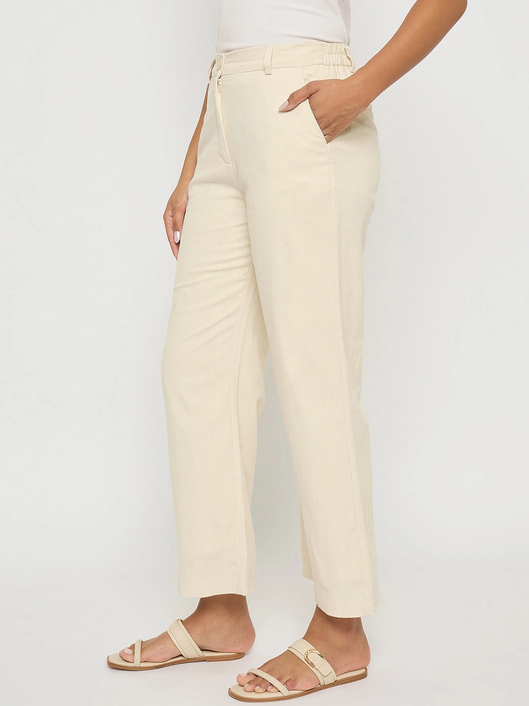 Timeless Comfort Madame Solid Wide Leg Off White Rayon Blend Trousers