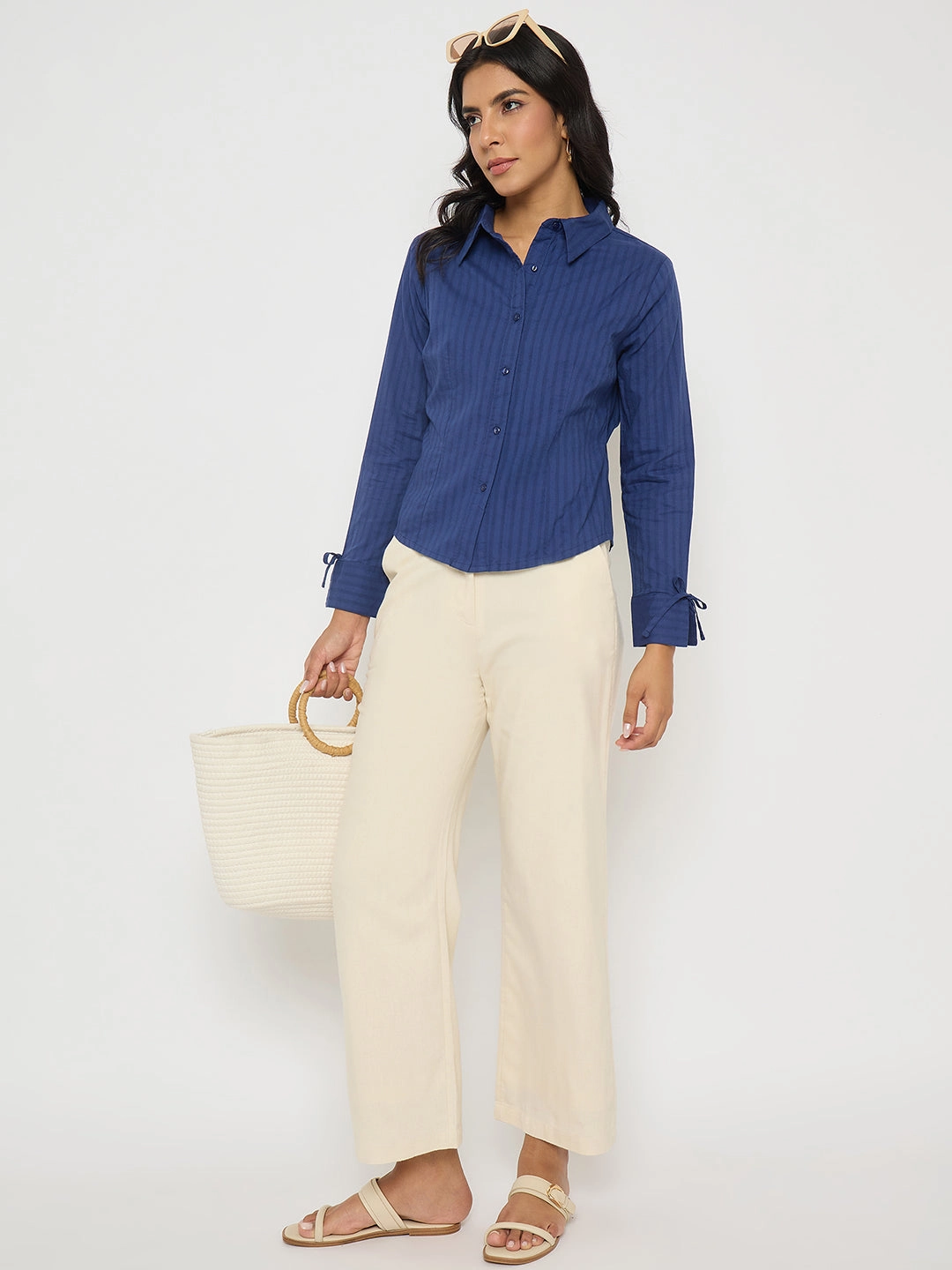 Madame Solid Wide Leg Off White Rayon Blend Trousers Seam-Free SecureClosures