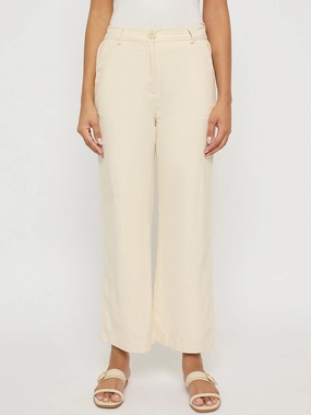 Madame Solid Wide Leg Off White Rayon Blend Trousers Anti Chafe Lining