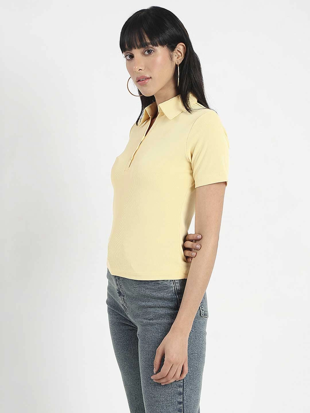 AllSeasonWear Midweight Knit Madame Solid Yellow Polo Pique T-Shirt